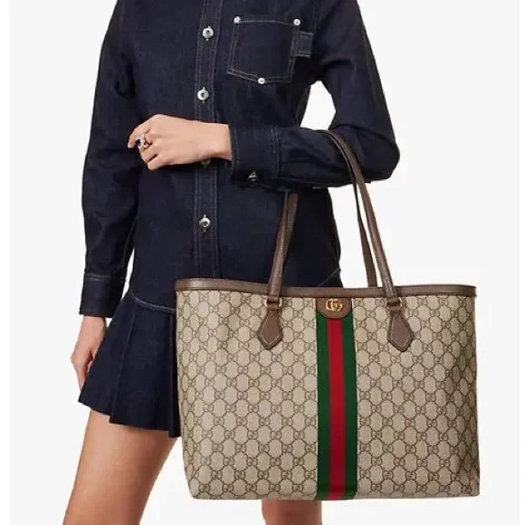 Gucci Beige Monogram Tote with Green and Red Web Stripe and Brown Trim - Picture 7 of 16